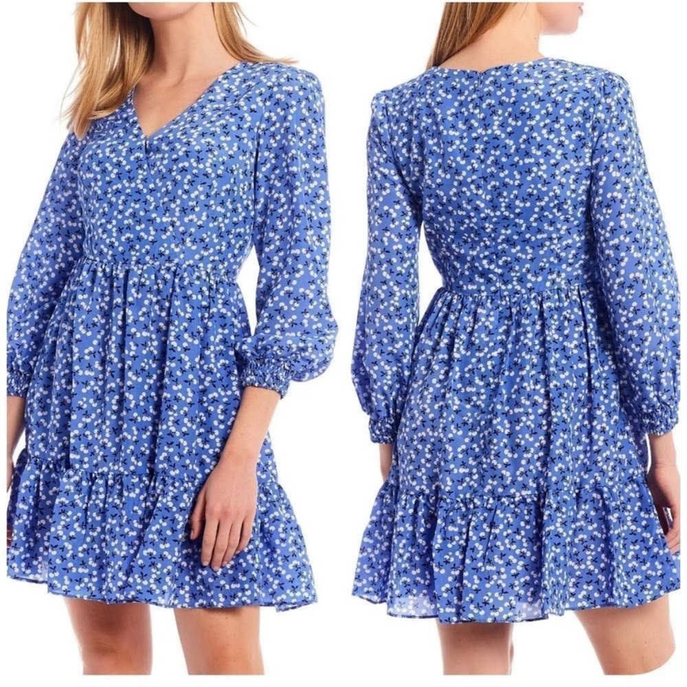 ELIZA J Floral Surplice Neck Long Sleeve Fit & Flare Mini Dress Ruffle Size 14